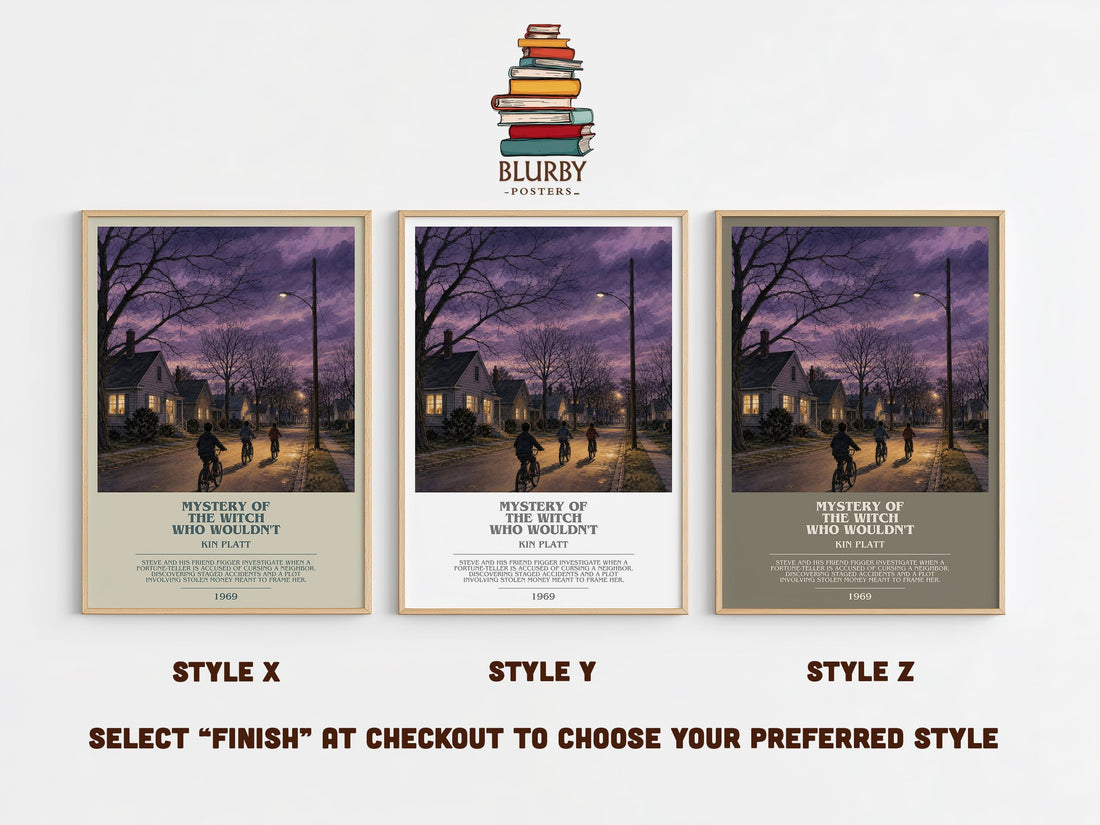 Mystery of the Witch Who Wouldn't bookish print in frame leaning in hallway – childrens wall art (mockup)