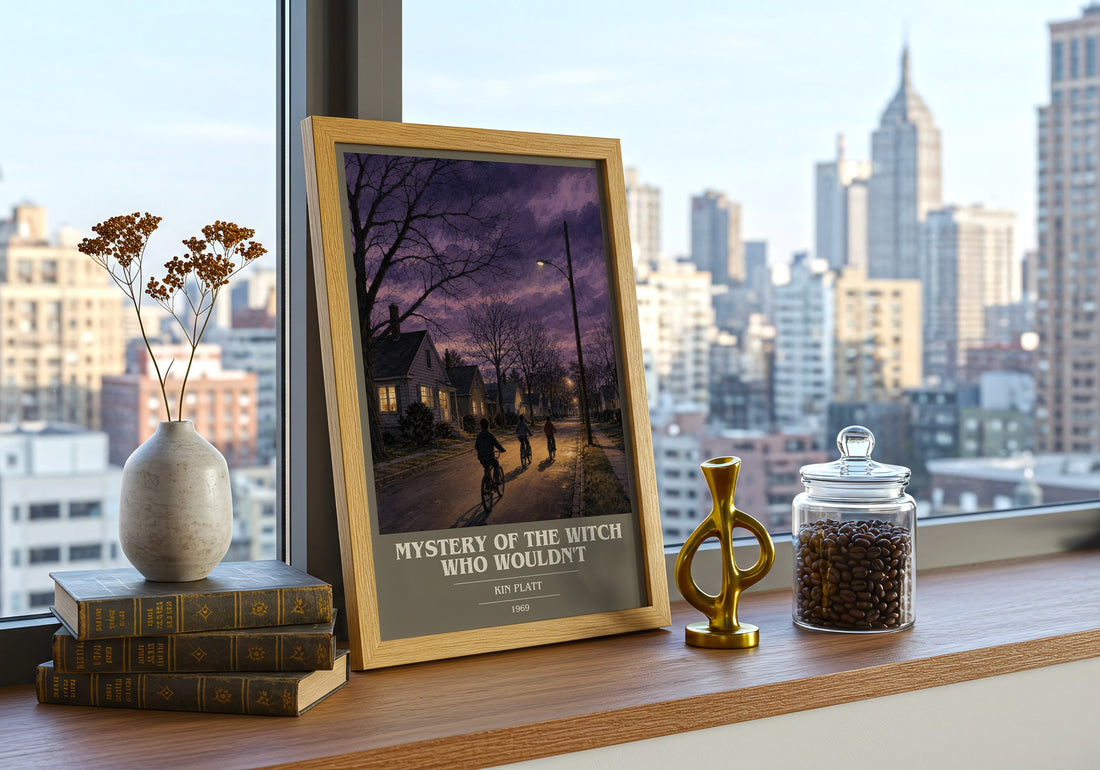 Mystery of the Witch Who Wouldn't book cover print framed by window – literary home decor