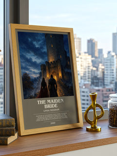 The Maiden Bride Bookish Wall Art by Linda Needham – framed print on a city-view windowsill