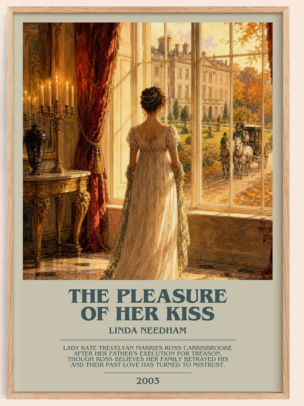 The Pleasure of Her Kiss bookish book poster by Linda Needham – framed literary art print