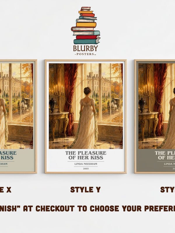 The Pleasure of Her Kiss book cover print in frame leaning in hallway – romance wall art