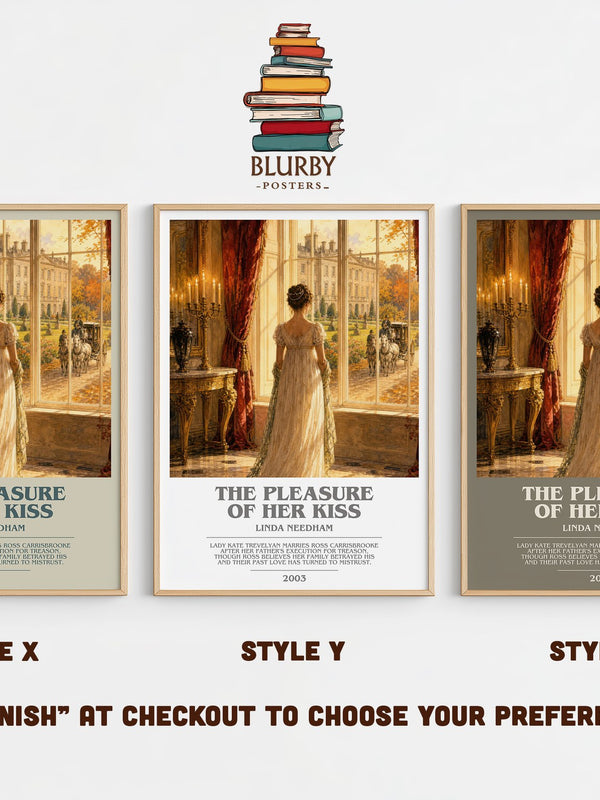 The Pleasure of Her Kiss bookish print in frame leaning in hallway – romance wall art
