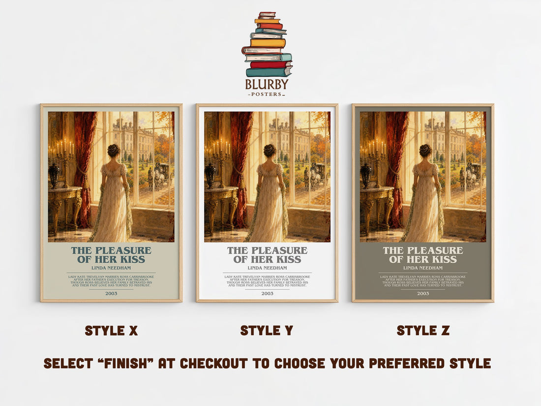 The Pleasure of Her Kiss bookish print in frame leaning in hallway – romance wall art (mockup)