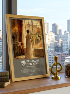 The Pleasure of Her Kiss bookish print framed by window – literary home decor