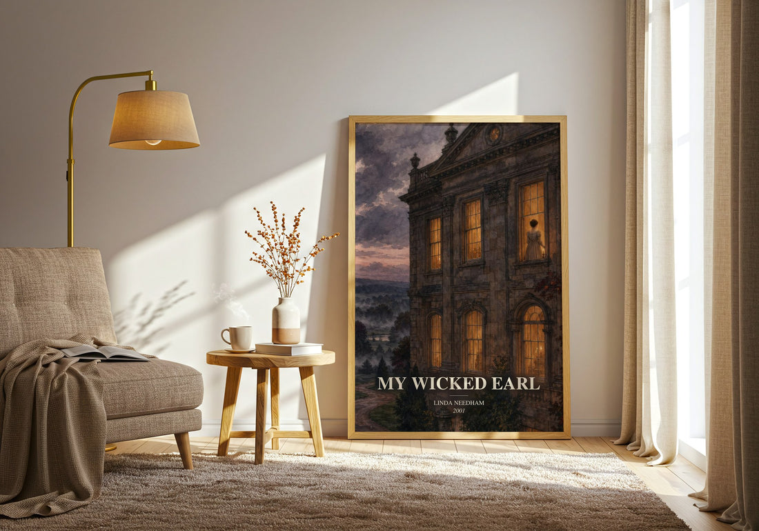 My Wicked Earl watercolour print in frame leaning in hallway – romance wall art