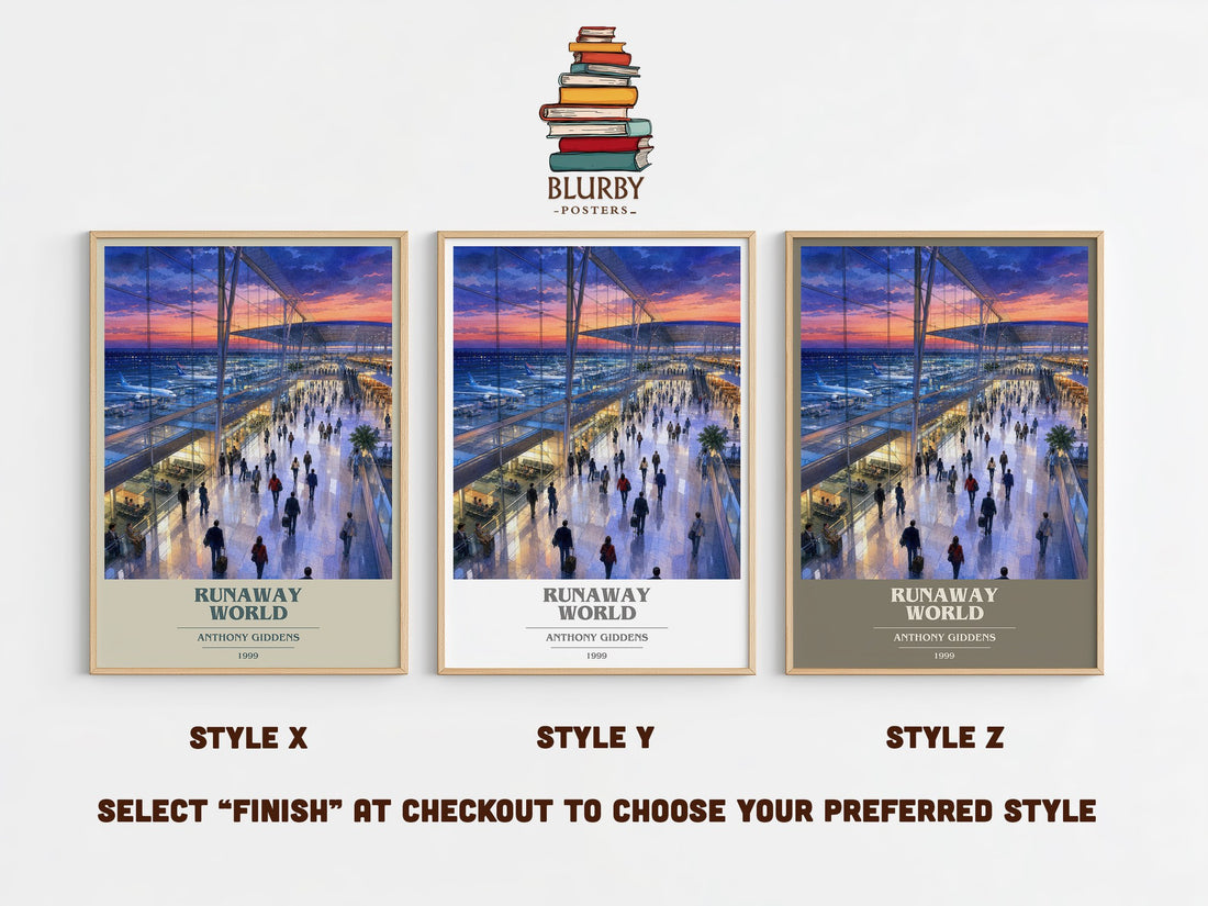 Runaway world book cover print in frame leaning in hallway – non fiction wall art (mockup)