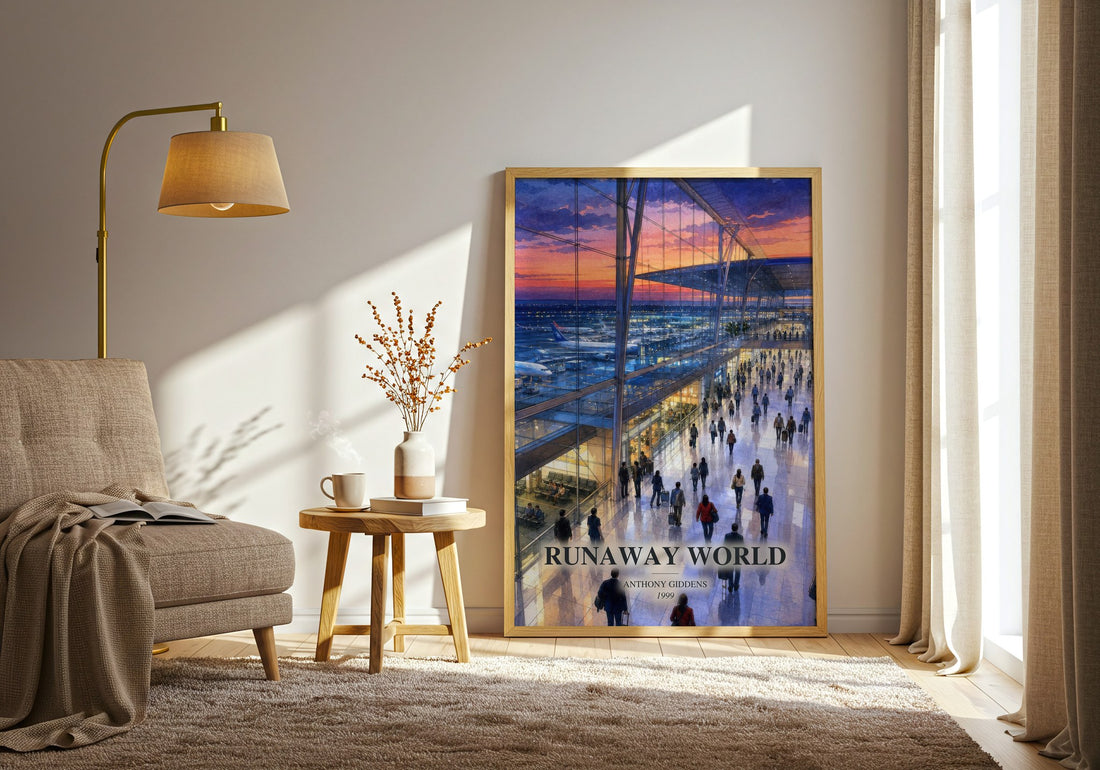 Runaway world watercolour print in frame leaning in hallway – non fiction wall art
