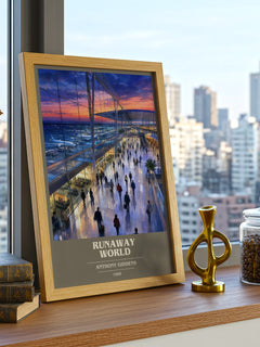 Runaway world book cover print framed by window – literary home decor