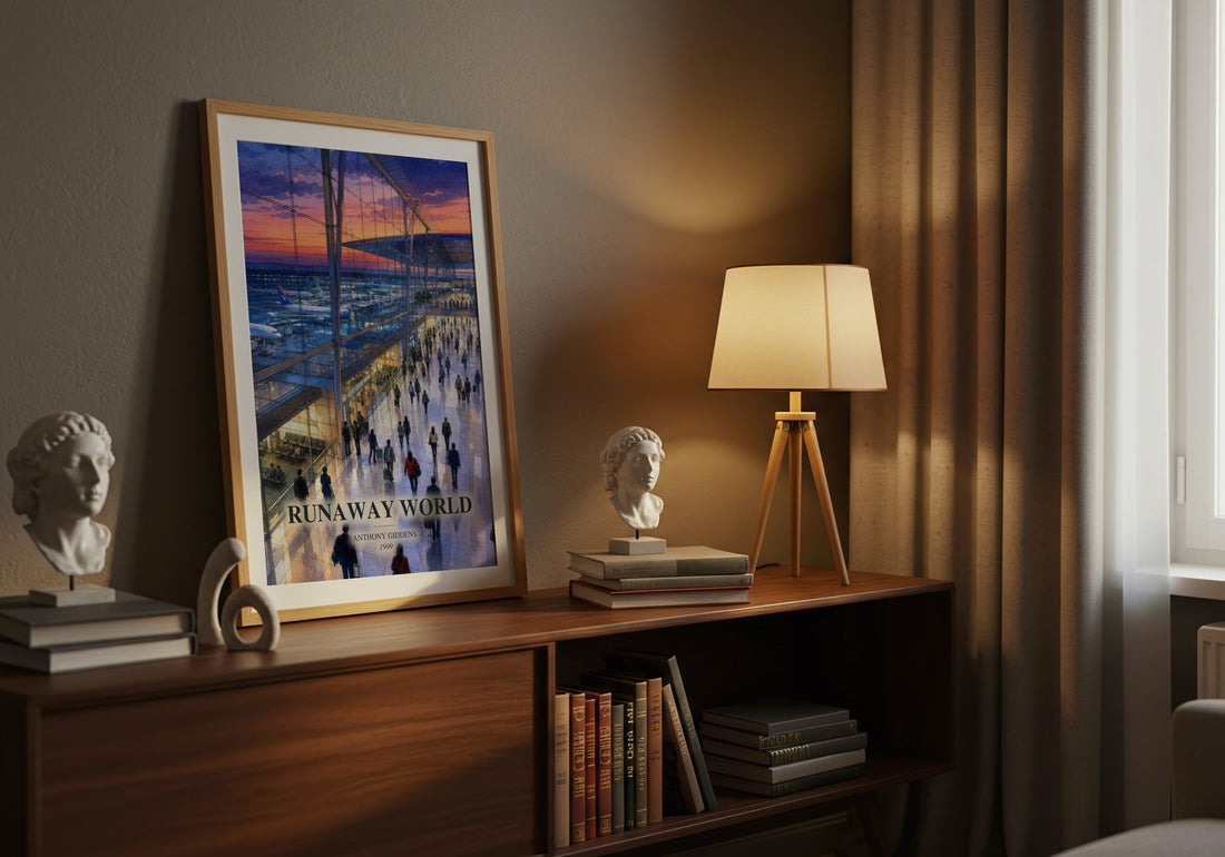 Runaway world watercolour print on bookshelf – Anthony Giddens fan gift