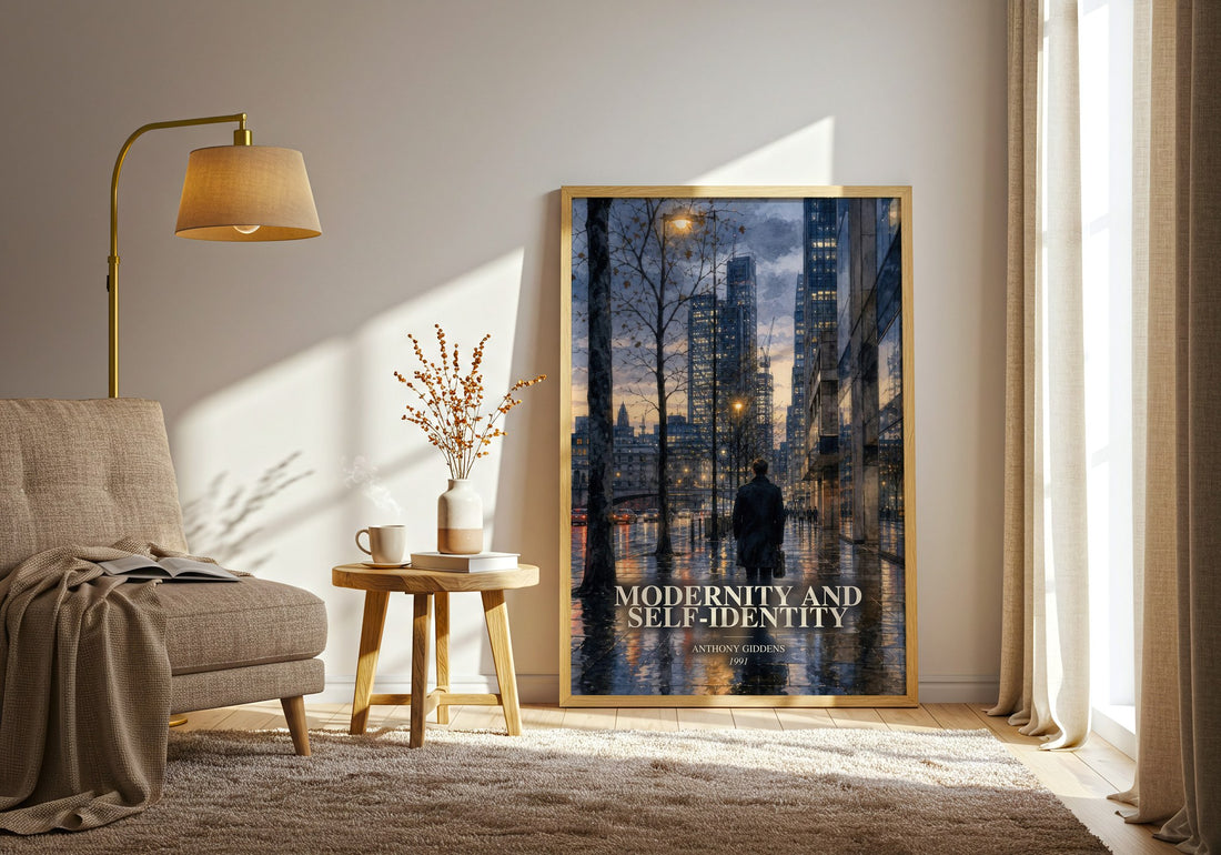 Modernity and self-identity watercolour print in frame leaning in hallway – non fiction wall art