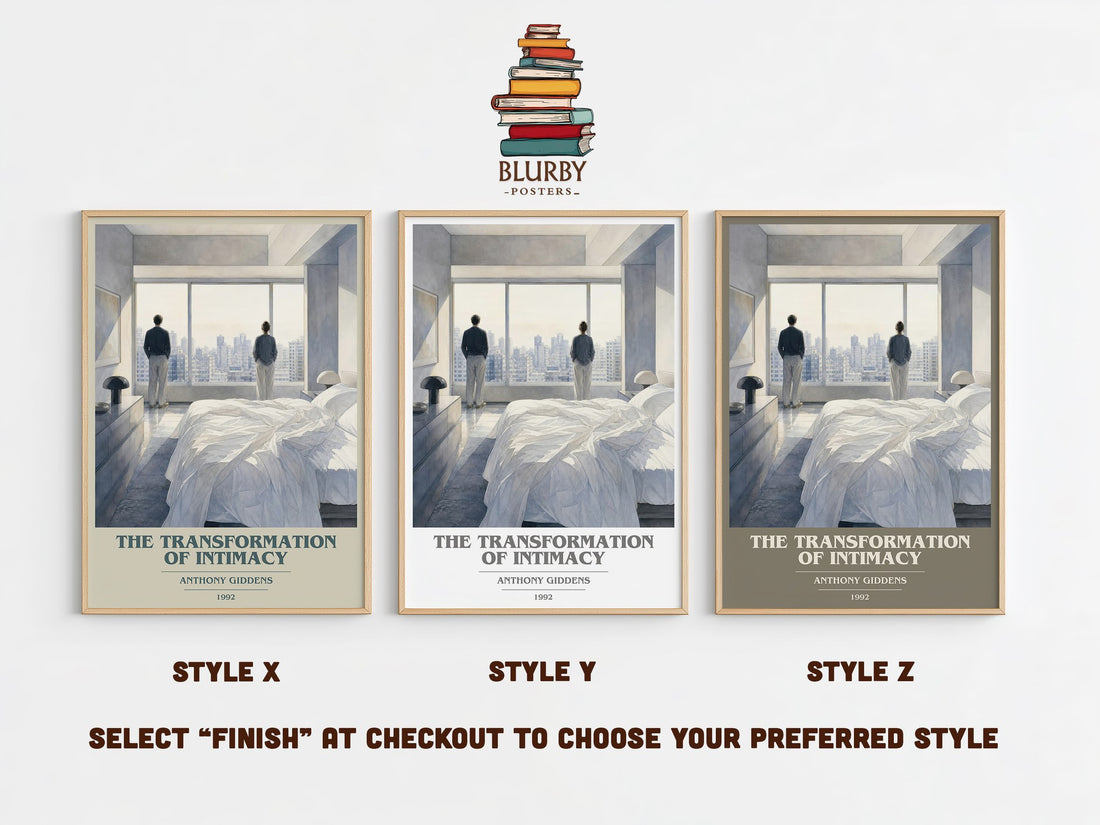 The transformation of intimacy book cover print in frame leaning in hallway – non fiction wall art (mockup)