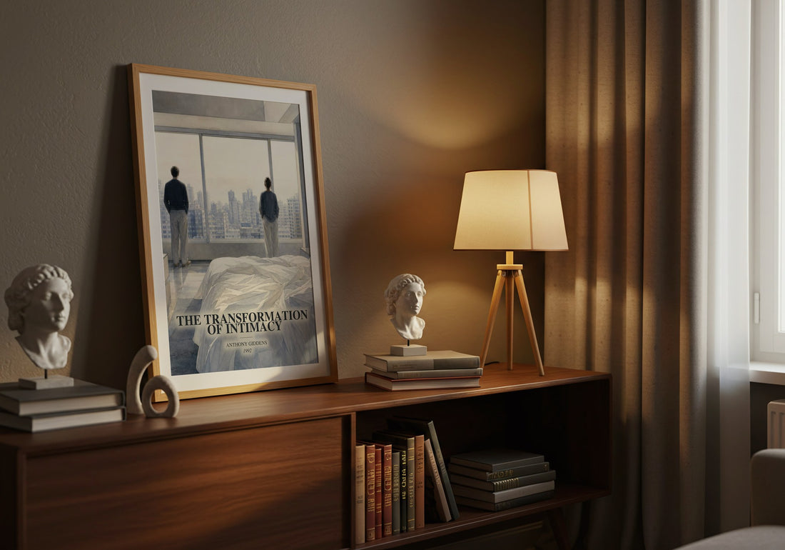 The transformation of intimacy watercolour print on bookshelf – Anthony Giddens fan gift
