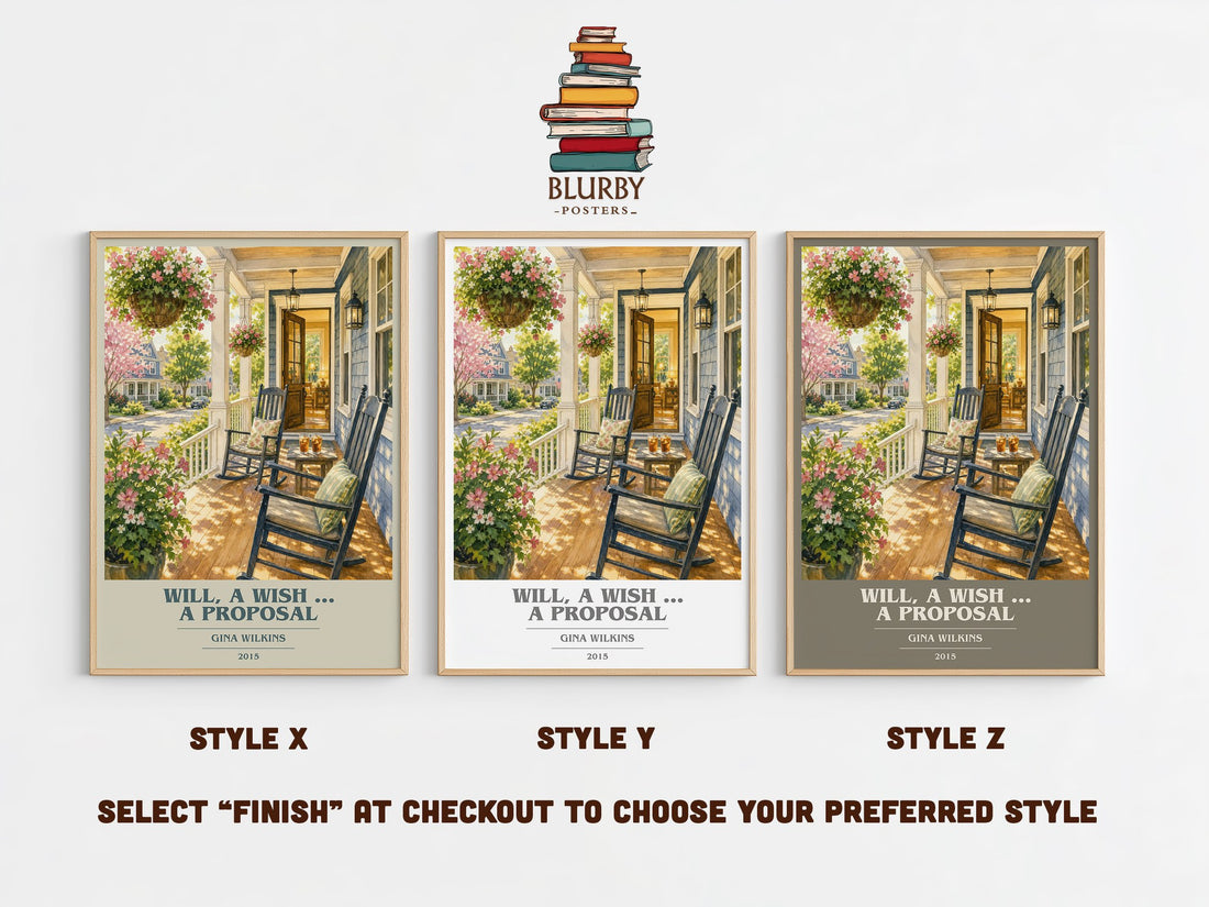 Will, a Wish ... a Proposal book cover print in frame leaning in hallway – romance wall art (mockup)
