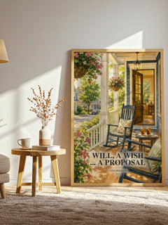 Will, a Wish ... a Proposal watercolour print in frame leaning in hallway – romance wall art
