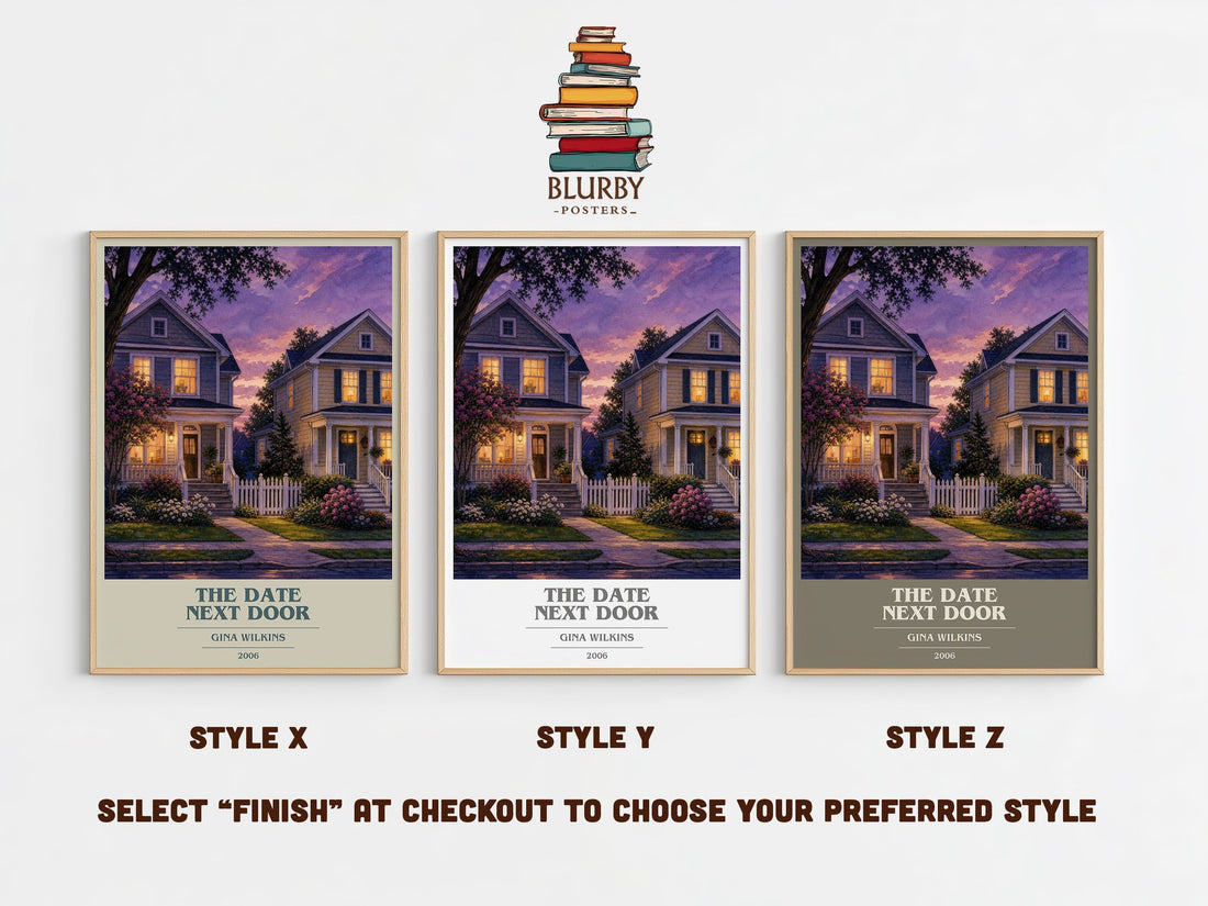 The Date Next Door book cover print in frame leaning in hallway – romance wall art (mockup)