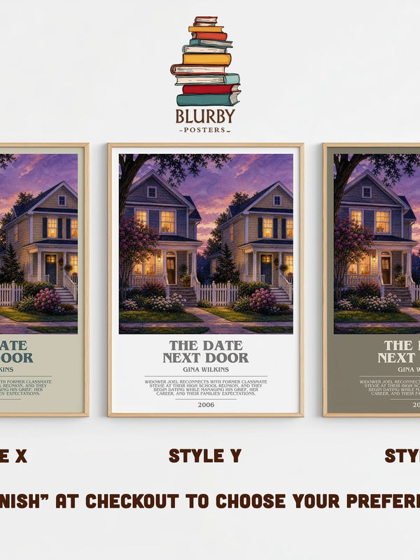The Date Next Door bookish print in frame leaning in hallway – romance wall art