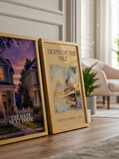 The Date Next Door watercolour print framed by window – literary home decor