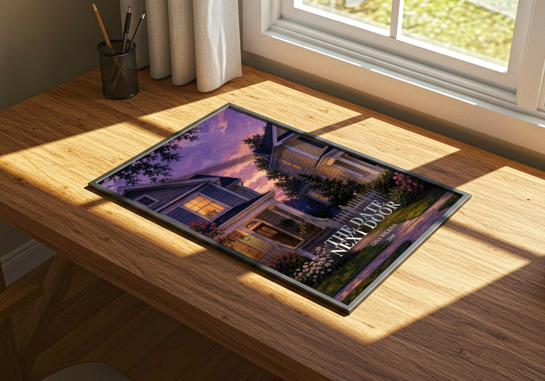 The Date Next Door watercolour book poster framed on wall – romance wall art