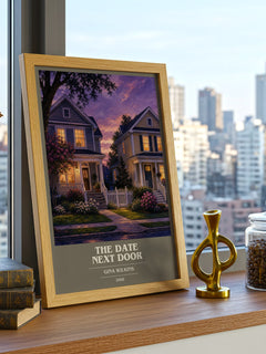 The Date Next Door book cover print framed by window – literary home decor