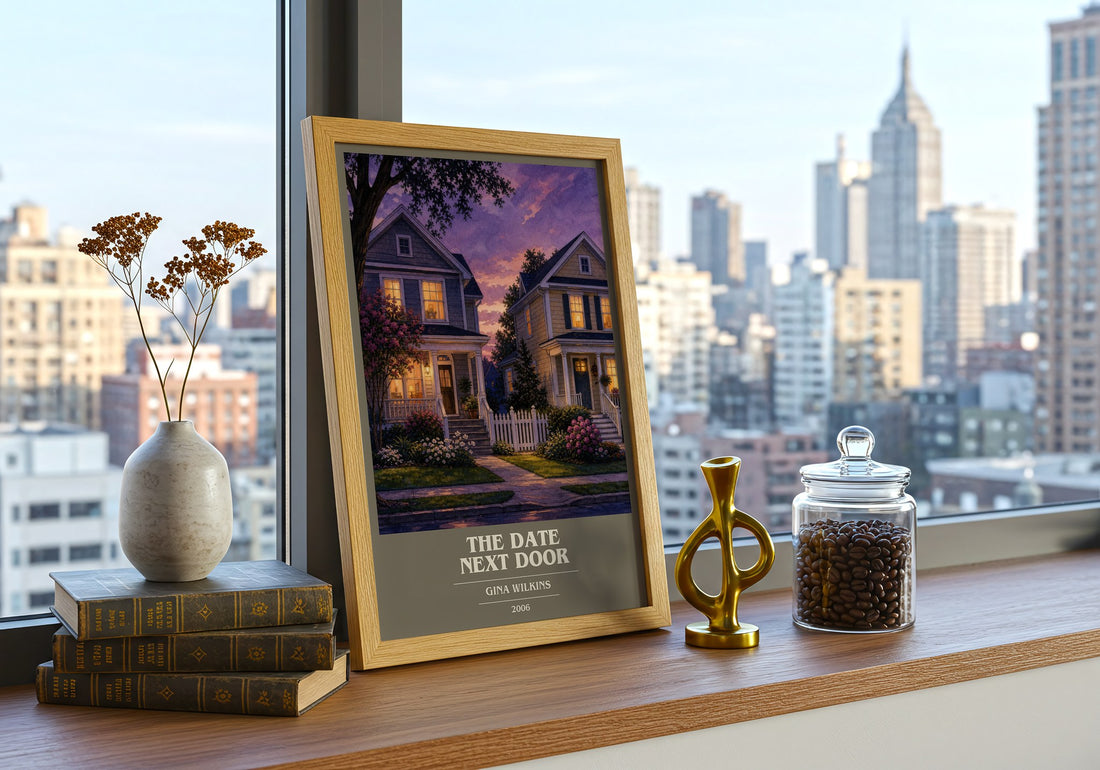 The Date Next Door book cover print framed by window – literary home decor