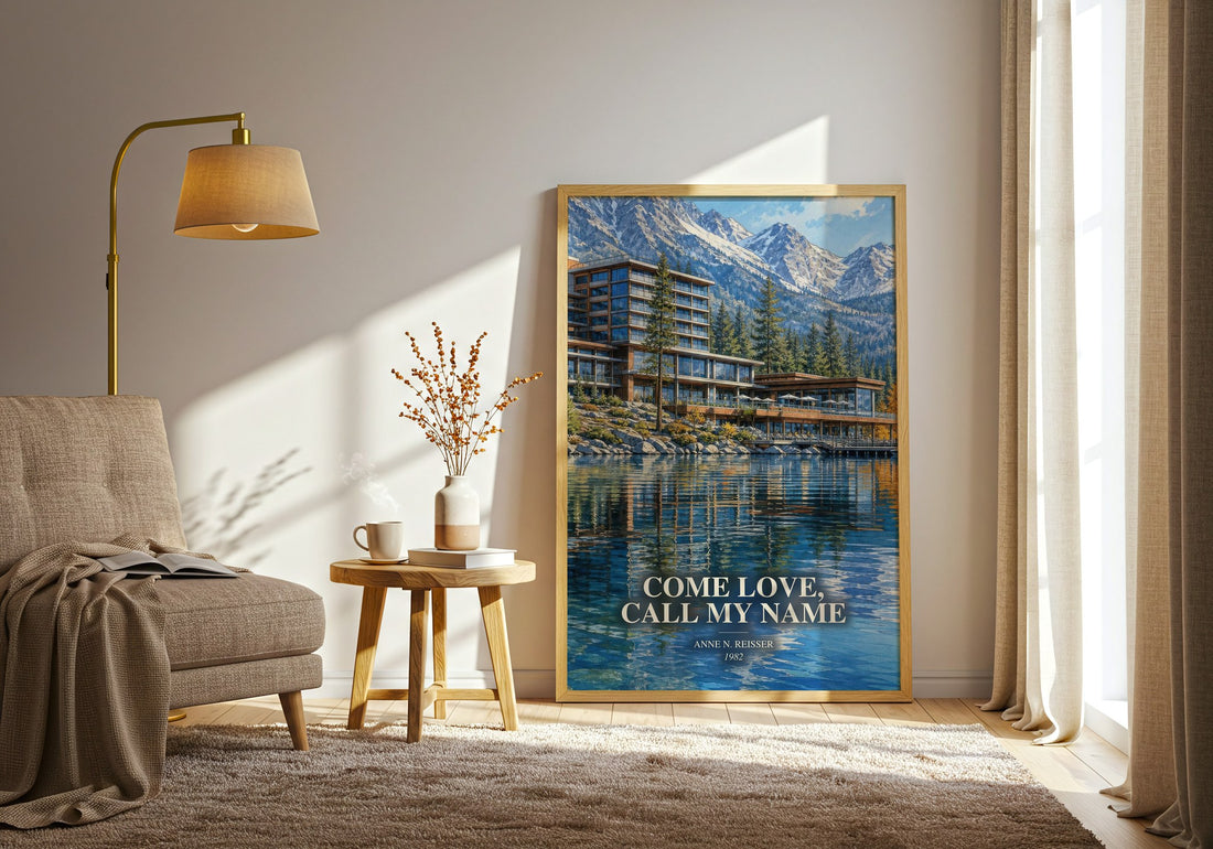 Come Love, Call My Name watercolour print in frame leaning in hallway – memoir wall art