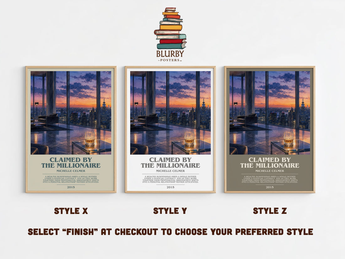 Claimed by the Millionaire bookish print in frame leaning in hallway – romance wall art (mockup)