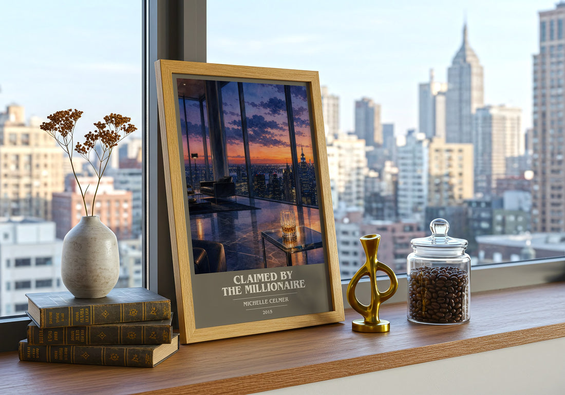 Claimed by the Millionaire book cover print framed by window – literary home decor
