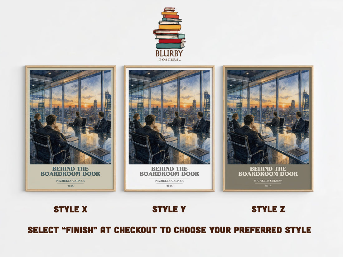 Behind the Boardroom Door book cover print in frame leaning in hallway – romance wall art (mockup)
