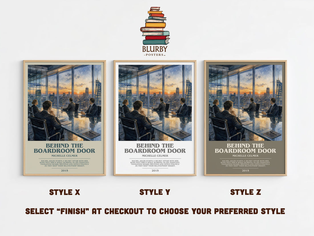 Behind the Boardroom Door bookish print in frame leaning in hallway – romance wall art (mockup)