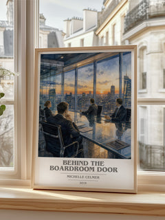 Behind the Boardroom Door book cover poster colour and style options – Michelle Celmer book art