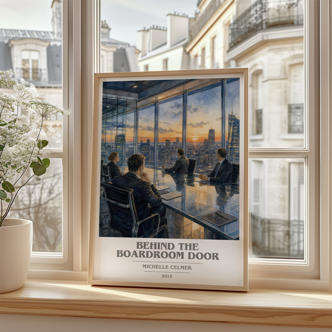 Behind the Boardroom Door book cover poster colour and style options – Michelle Celmer book art