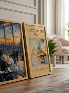 Behind the Boardroom Door watercolour print framed by window – literary home decor