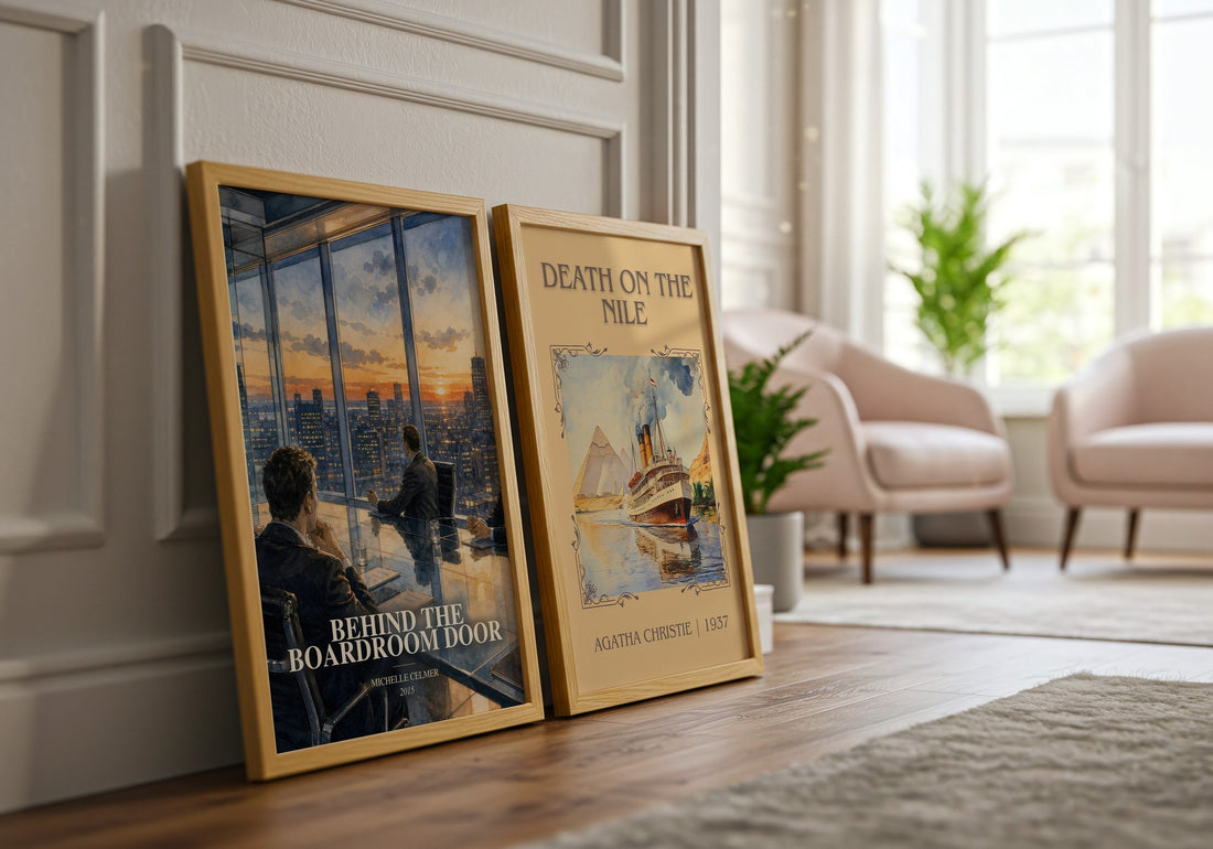 Behind the Boardroom Door watercolour print framed by window – literary home decor