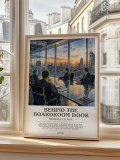 Behind the Boardroom Door bookish poster colour and style options – Michelle Celmer book art