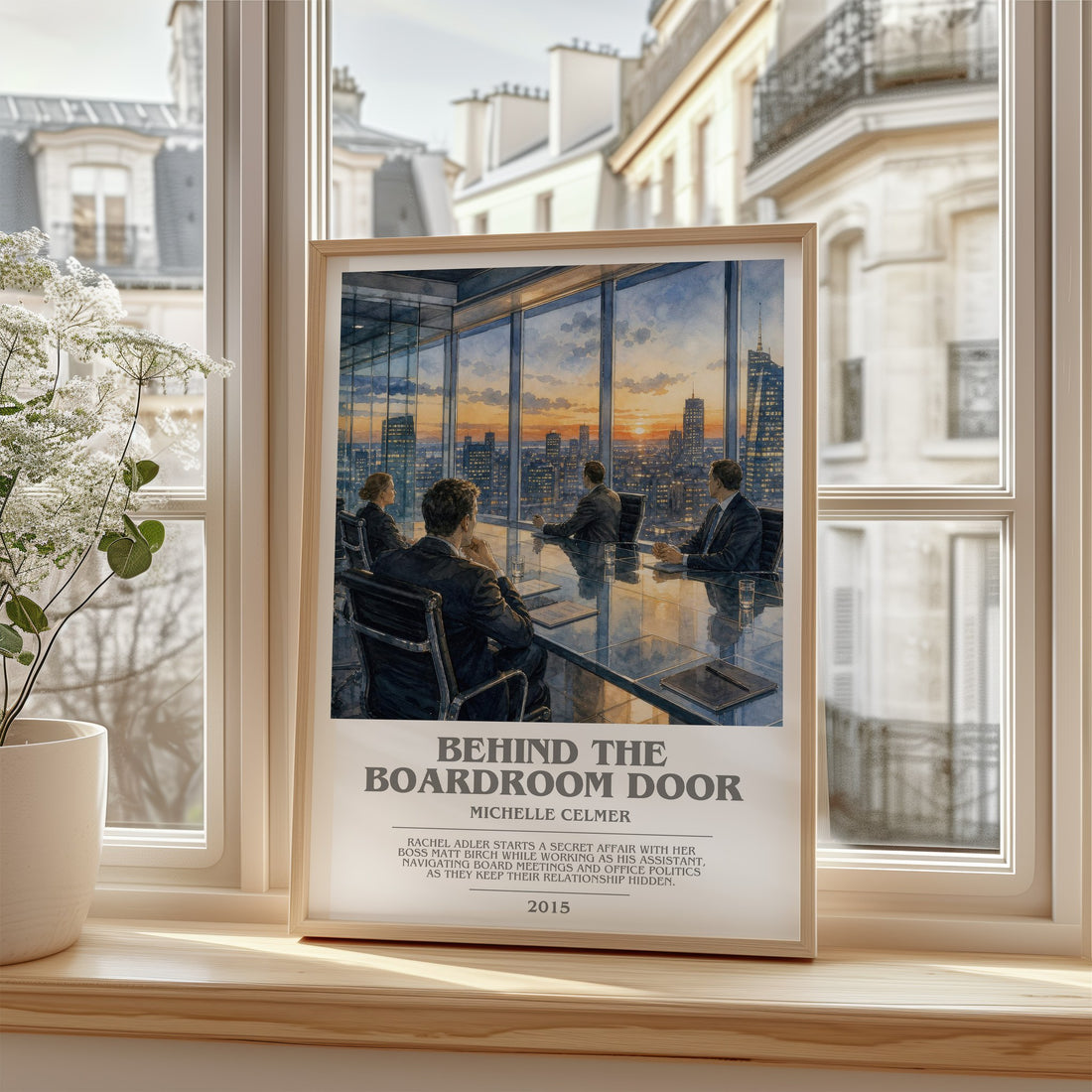 Behind the Boardroom Door bookish poster colour and style options – Michelle Celmer book art
