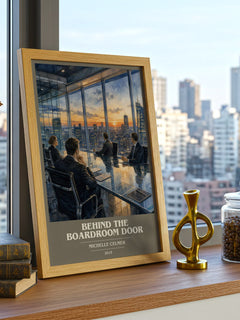 Behind the Boardroom Door book cover print framed by window – literary home decor