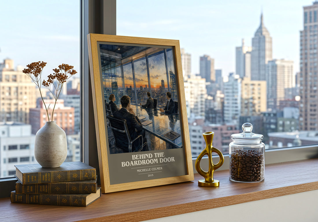 Behind the Boardroom Door book cover print framed by window – literary home decor