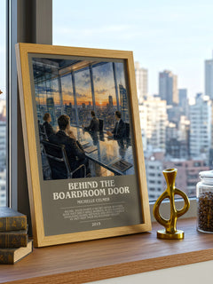 Behind the Boardroom Door bookish print framed by window – literary home decor