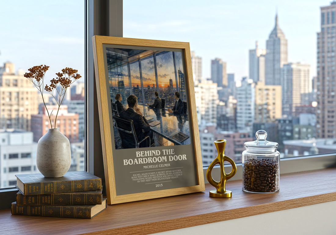 Behind the Boardroom Door bookish print framed by window – literary home decor