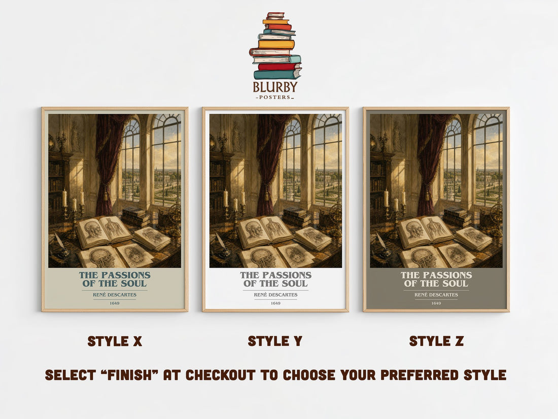 The Passions of the Soul book cover print in frame leaning in hallway – philosophy wall art (mockup)