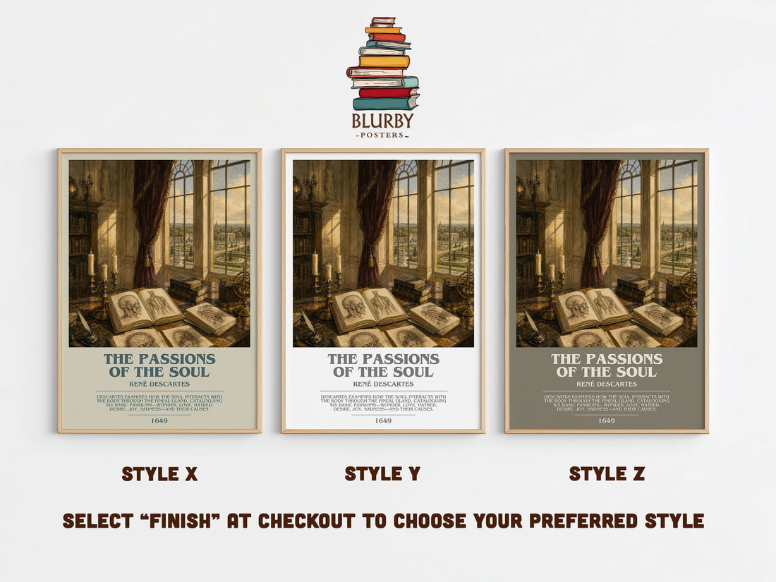 The Passions of the Soul bookish print in frame leaning in hallway – philosophy wall art (mockup)
