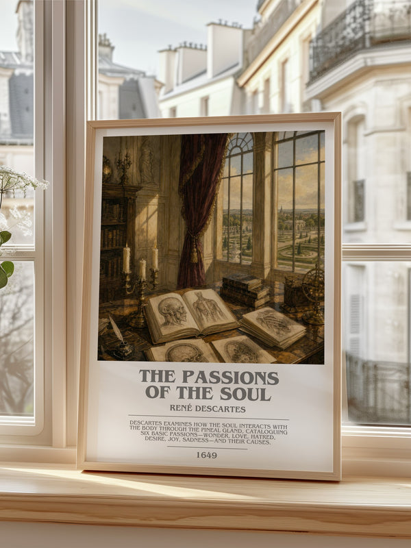 The Passions of the Soul Bookish Wall Art by René Descartes – framed print by a bright window
