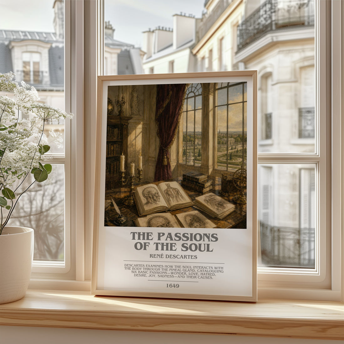 The Passions of the Soul Bookish Wall Art by René Descartes – framed print by a bright window