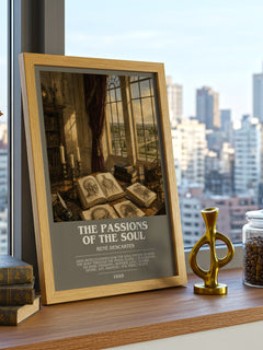 The Passions of the Soul Bookish Wall Art by René Descartes – framed print on a city-view windowsill