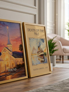 Found watercolour print framed by window – literary home decor