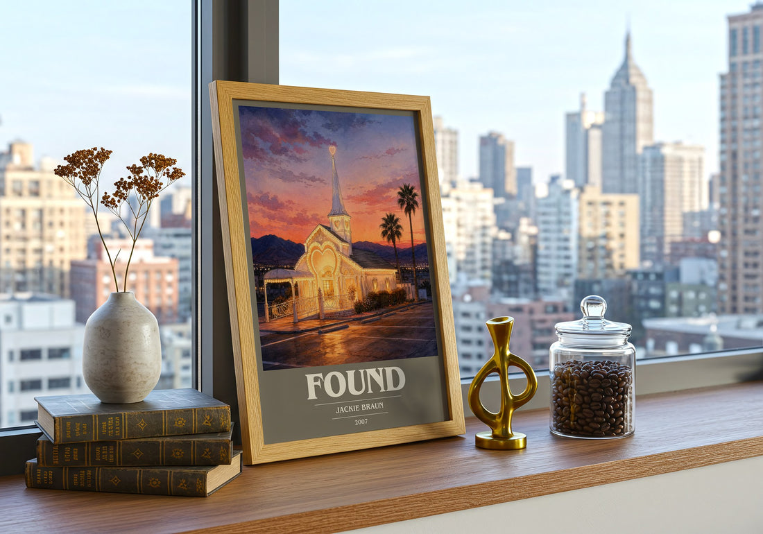 Found book cover print framed by window – literary home decor
