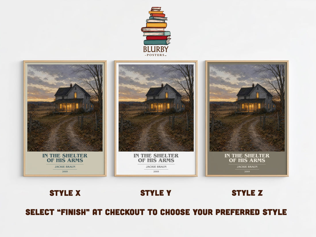 In The Shelter Of His Arms book cover print in frame leaning in hallway – romance wall art (mockup)