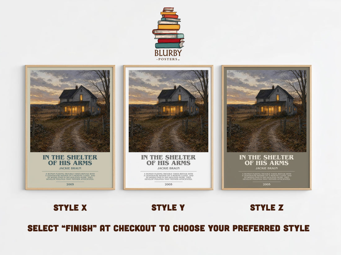 In The Shelter Of His Arms bookish print in frame leaning in hallway – romance wall art (mockup)