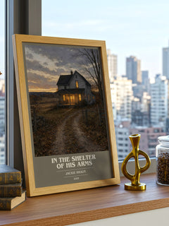 In The Shelter Of His Arms book cover print framed by window – literary home decor