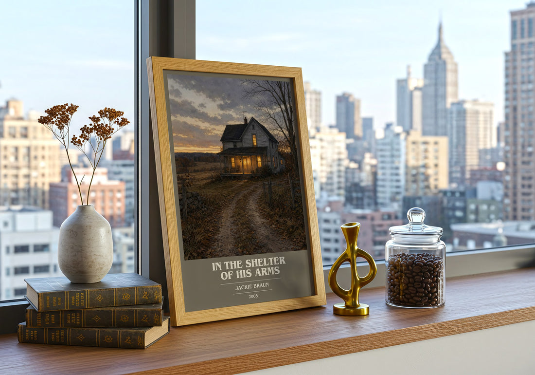 In The Shelter Of His Arms book cover print framed by window – literary home decor